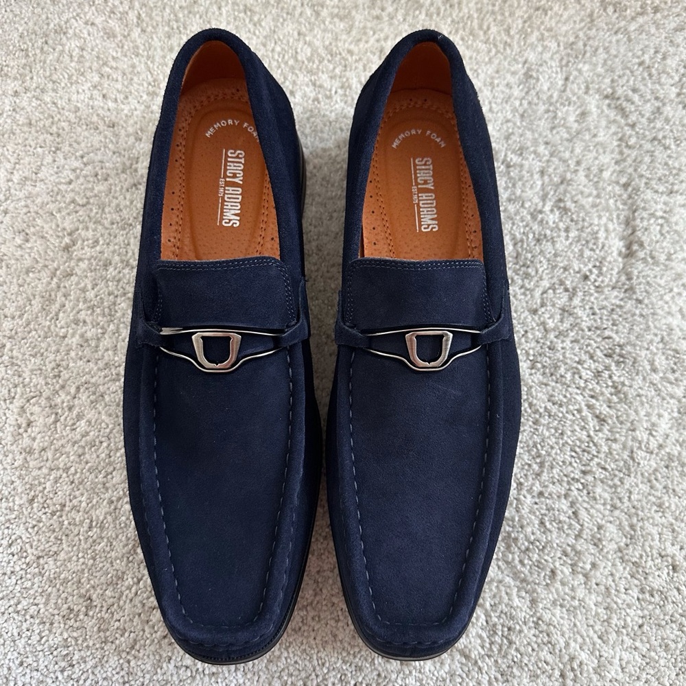 Stacy Adams Palladian Navy Blue Suede Leather Moc Toe Slip On Loafer - Picture 2 of 12